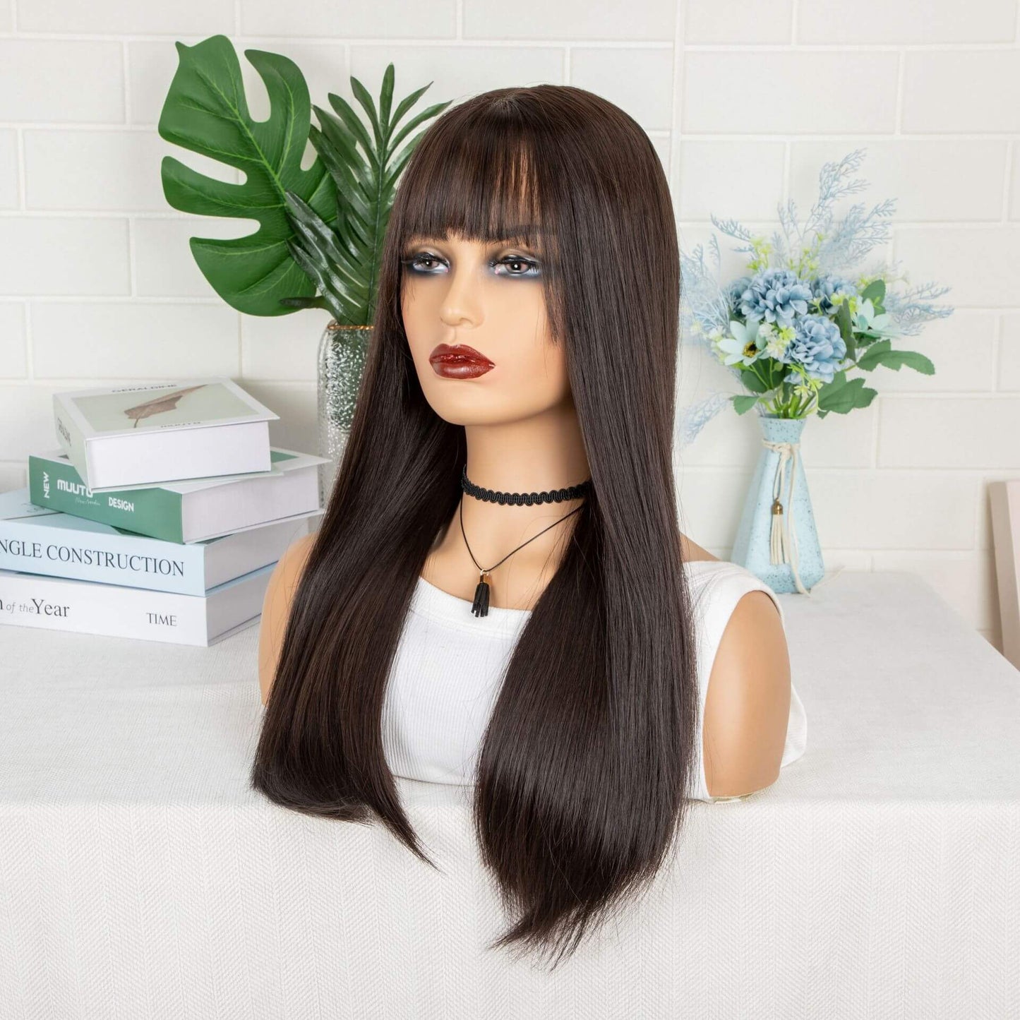 T-Shaped Front Lace Long Straight Bang Synthetic Hair Wig