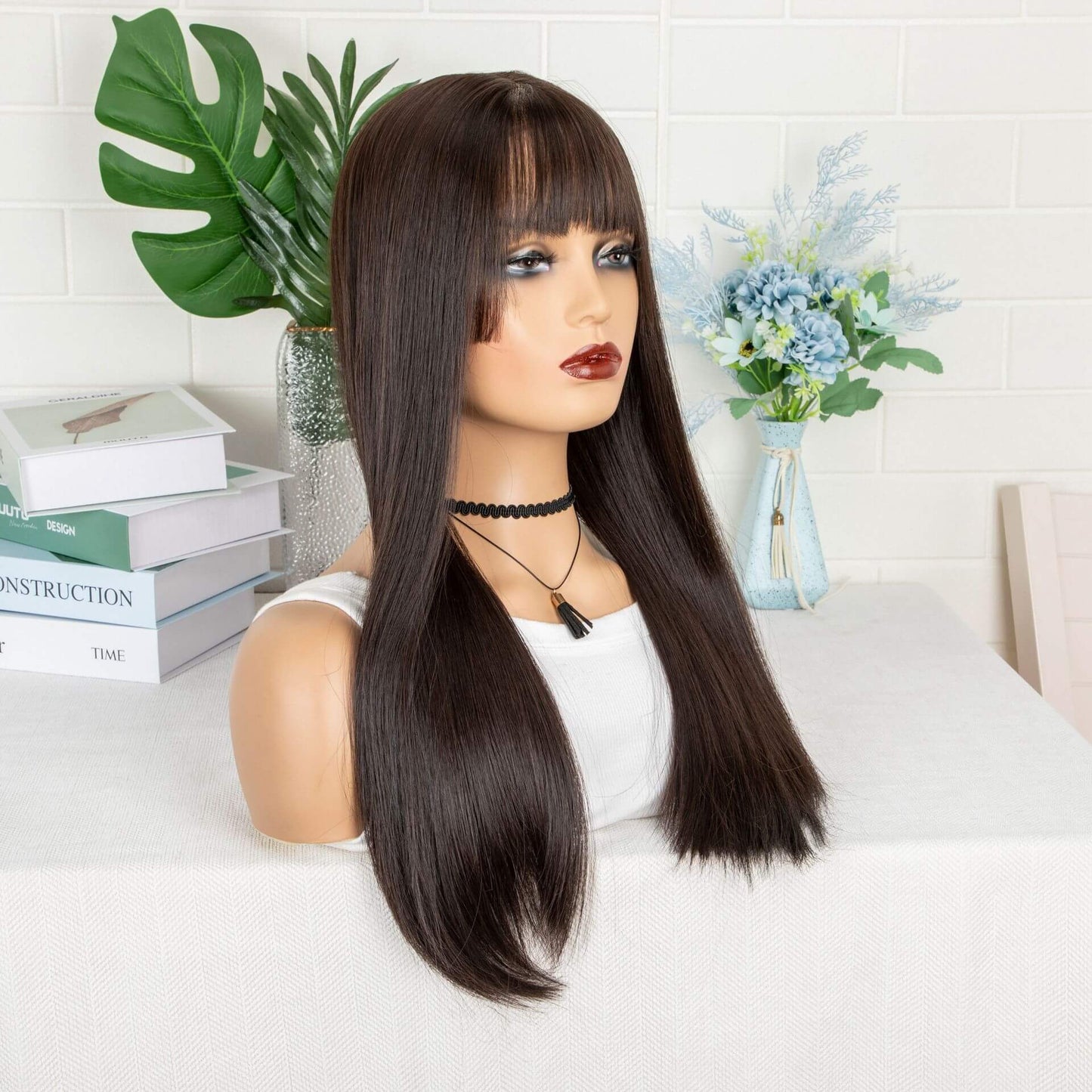 T-Shaped Front Lace Long Straight Bang Synthetic Hair Wig