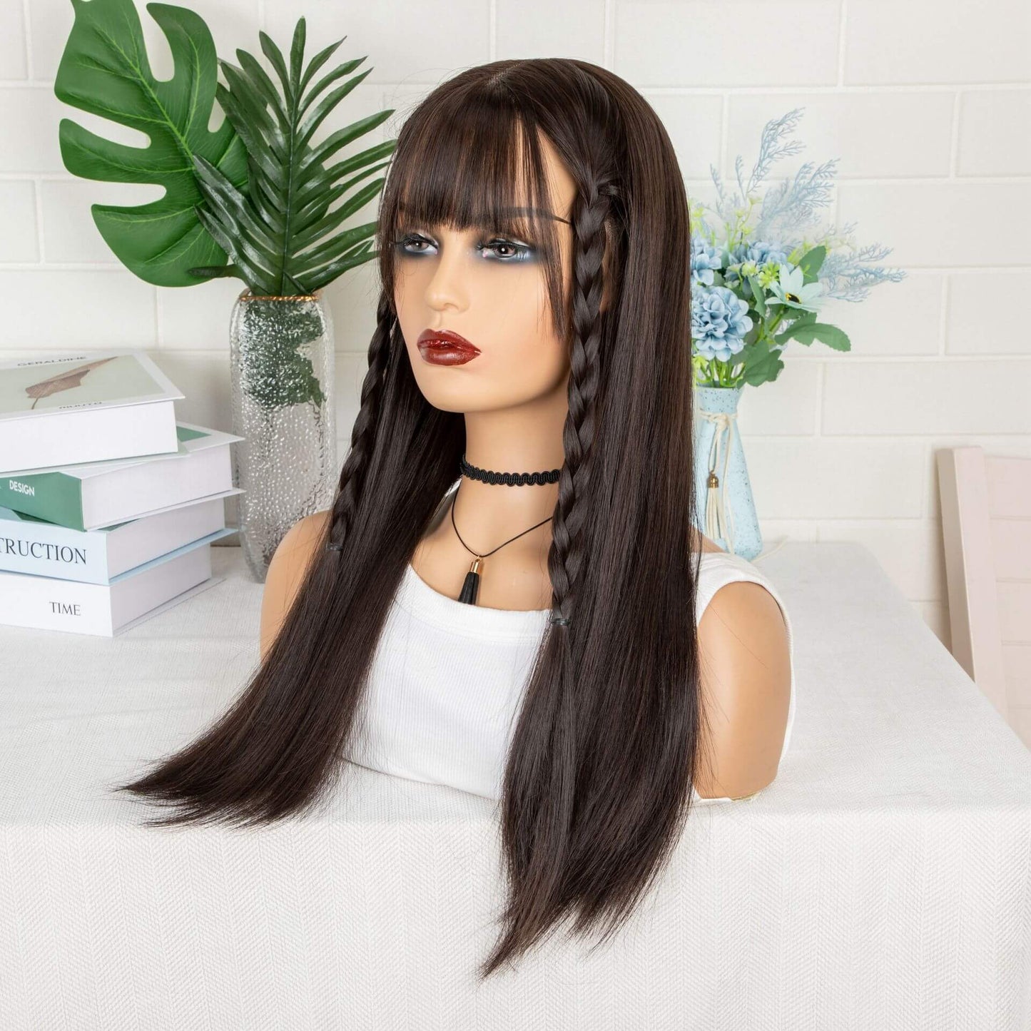 T-Shaped Front Lace Long Straight Bang Synthetic Hair Wig