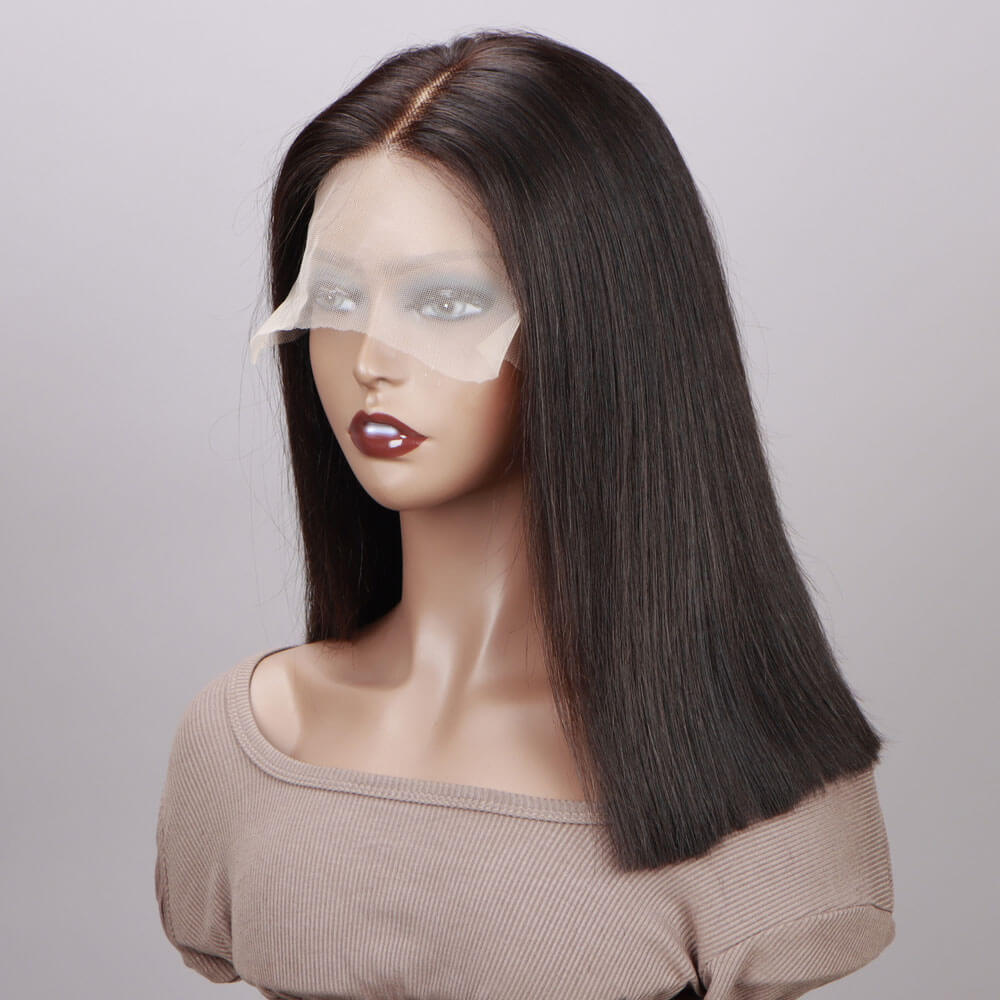 Natural Color Handwoven Human Hair Long Bob Glueless Lace Wig