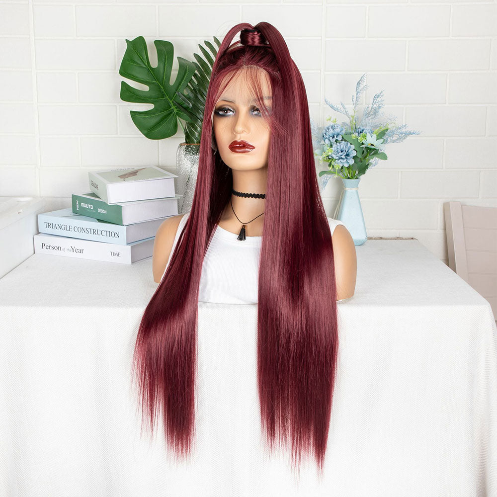 T-Shaped Front Lace Long Straight Synthetic Wine Red Hair Wig