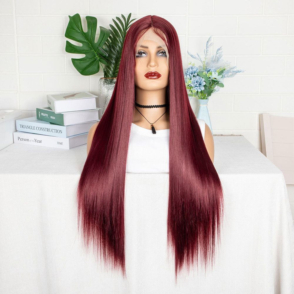 T-Shaped Front Lace Long Straight Synthetic Wine Red Hair Wig