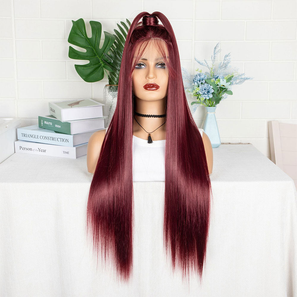 T-Shaped Front Lace Long Straight Synthetic Wine Red Hair Wig