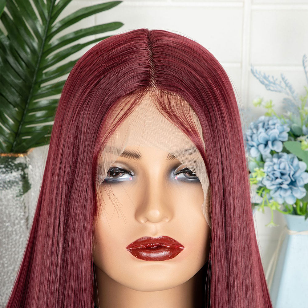 T-Shaped Front Lace Long Straight Synthetic Wine Red Hair Wig