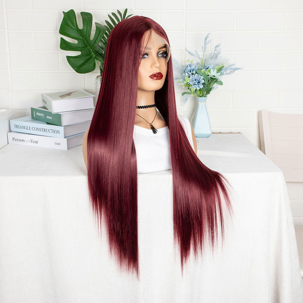 T-Shaped Front Lace Long Straight Synthetic Wine Red Hair Wig