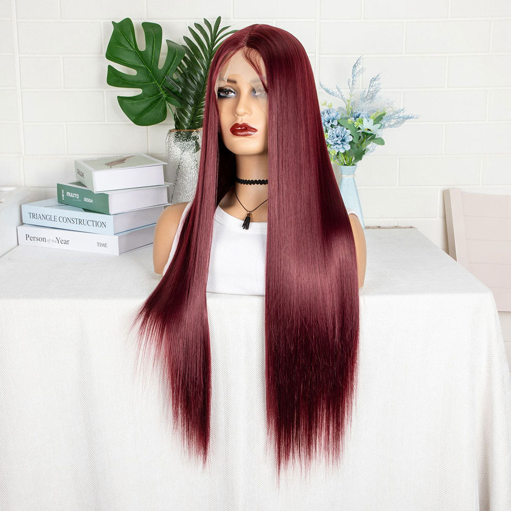 T-Shaped Front Lace Long Straight Synthetic Wine Red Hair Wig