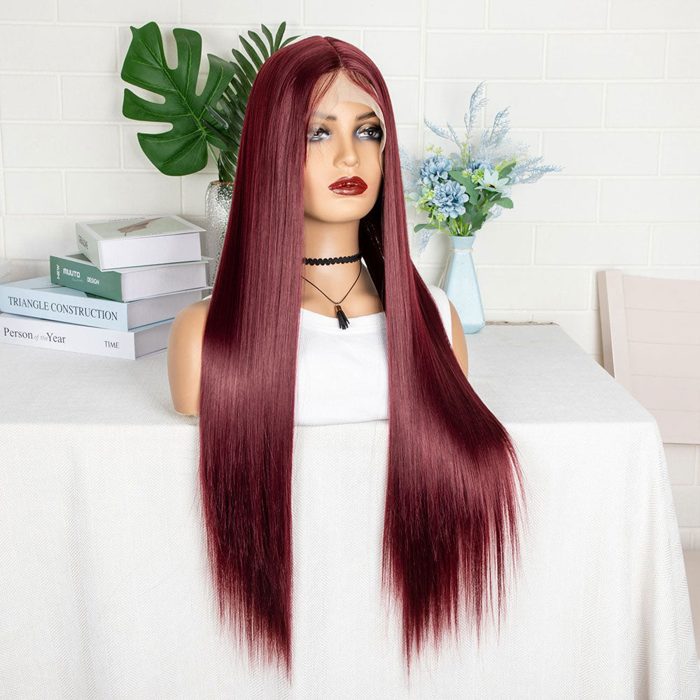 T-Shaped Front Lace Long Straight Synthetic Wine Red Hair Wig