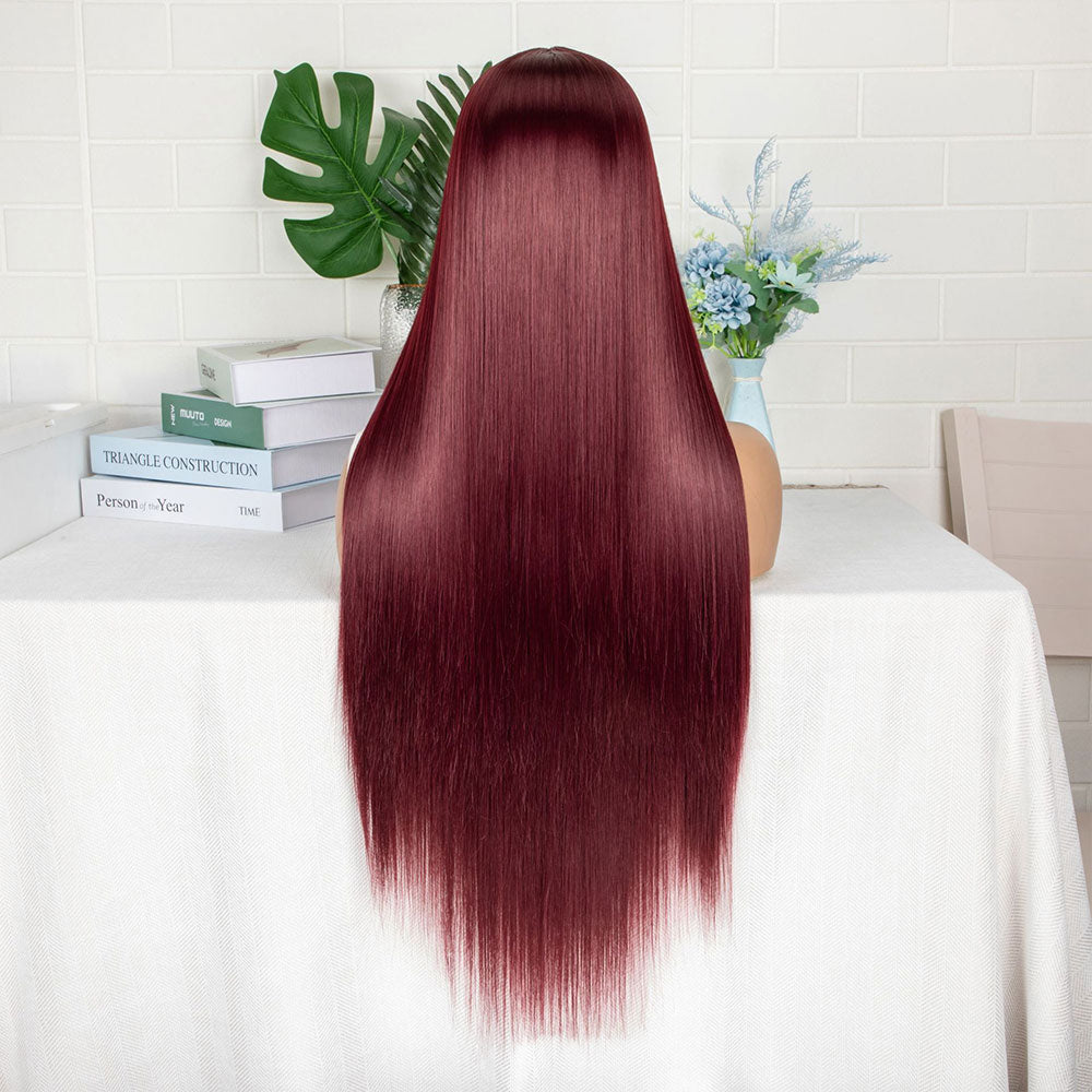 T-Shaped Front Lace Long Straight Synthetic Wine Red Hair Wig