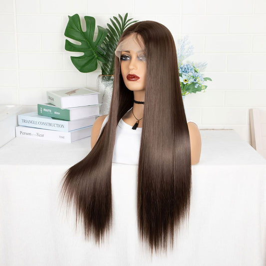 T-Shaped Front Lace Long Straight Synthetic Brown Hair Wig