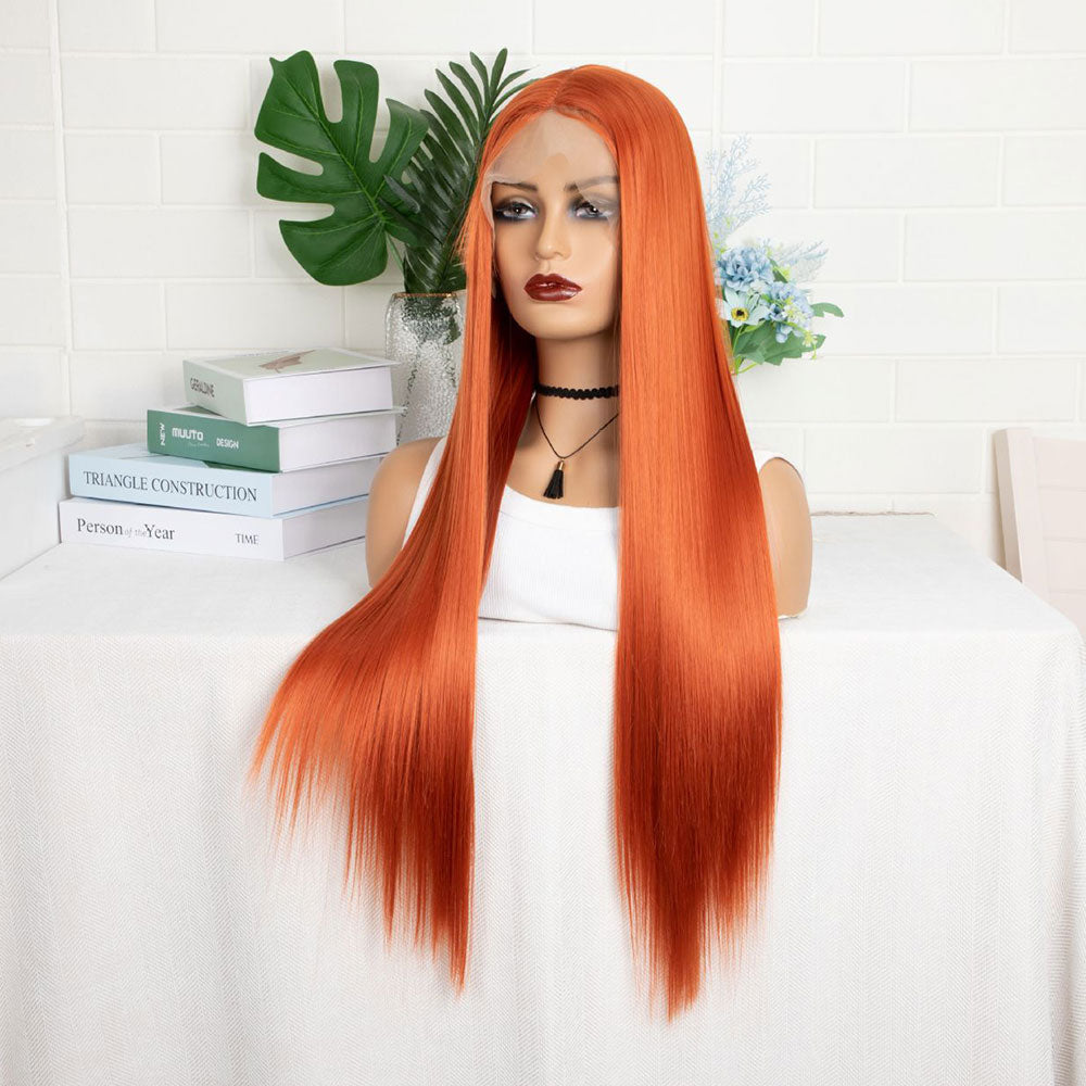 T-Shaped Front Lace Long Straight Synthetic Orange Hair Wig