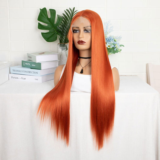 T-Shaped Front Lace Long Straight Synthetic Orange Hair Wig