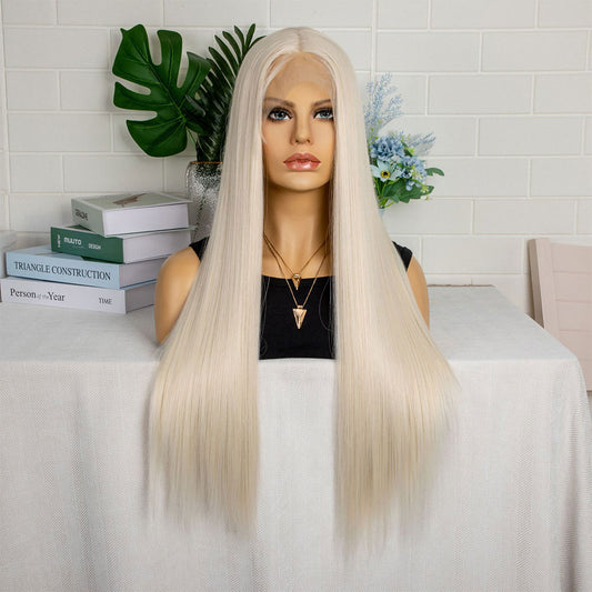 T-Shaped Front Lace Long Straight Synthetic White Hair Wig