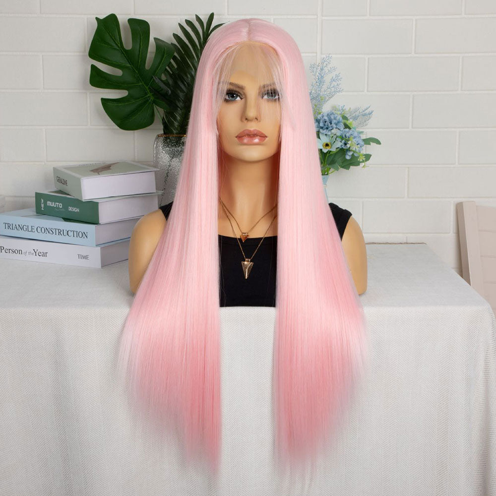 T-Shaped Front Lace Long Straight Synthetic Pink Hair Wig