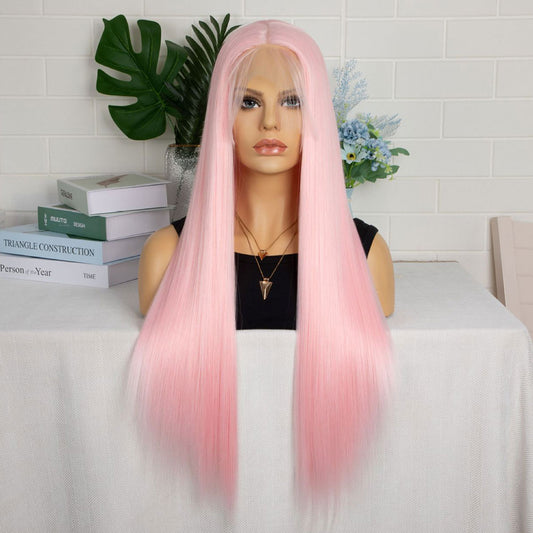 T-Shaped Front Lace Long Straight Synthetic Pink Hair Wig