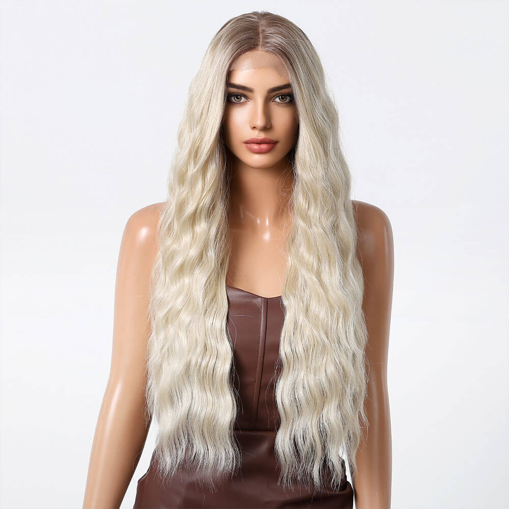 T-Shaped 13*6 Front Lace Long Wavy Japanese Fiber Blonde Hair Wig