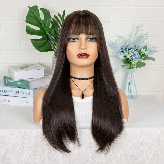 T-Shaped Front Lace Long Straight Bang Synthetic Hair Wig