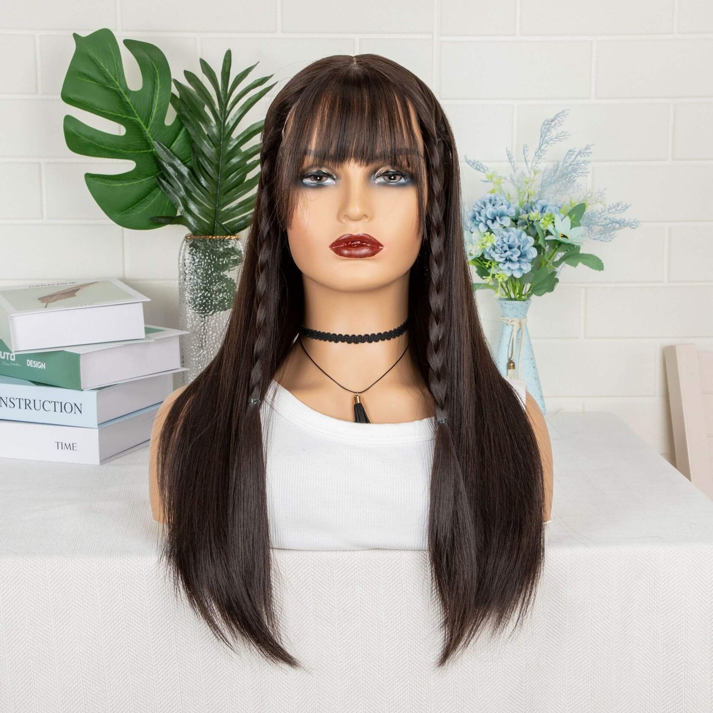 T-Shaped Front Lace Long Straight Bang Synthetic Hair Wig