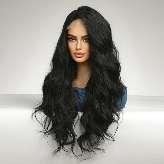 T-Shaped Front Lace Long Wavy Synthetic Black Hair Wig