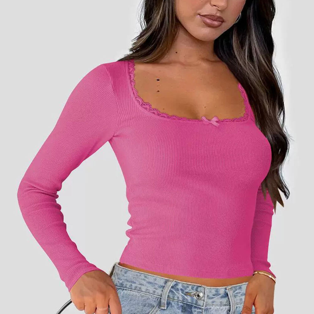 Cute Micro Ribbed Squared Neck Lace Neckline Fitting Top