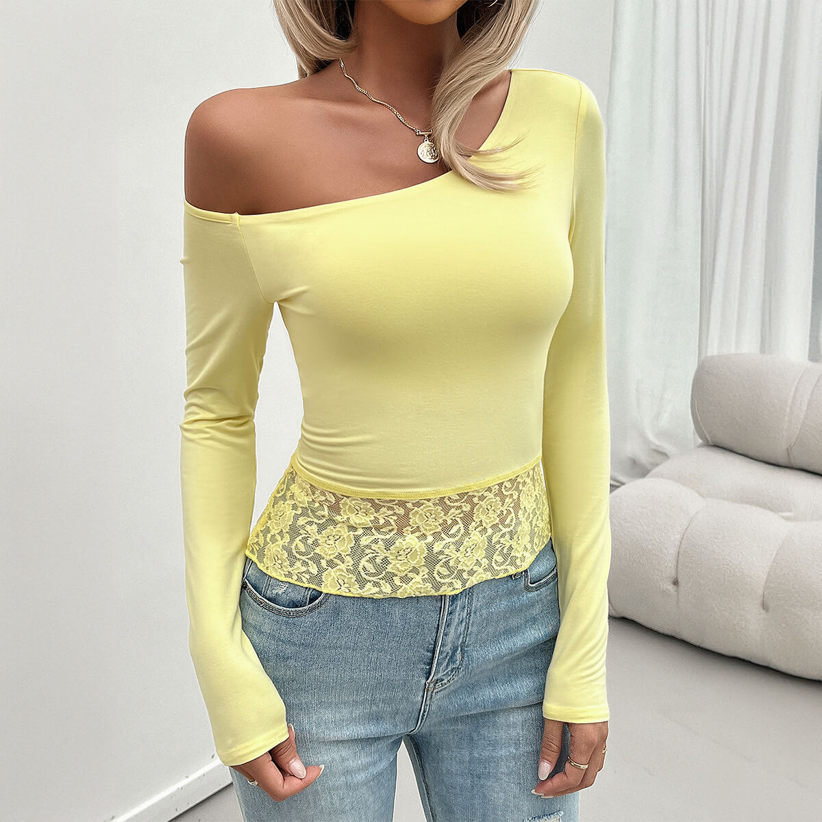 Off Shoulder Long Sleeve Lace Hem Fitting Shirt