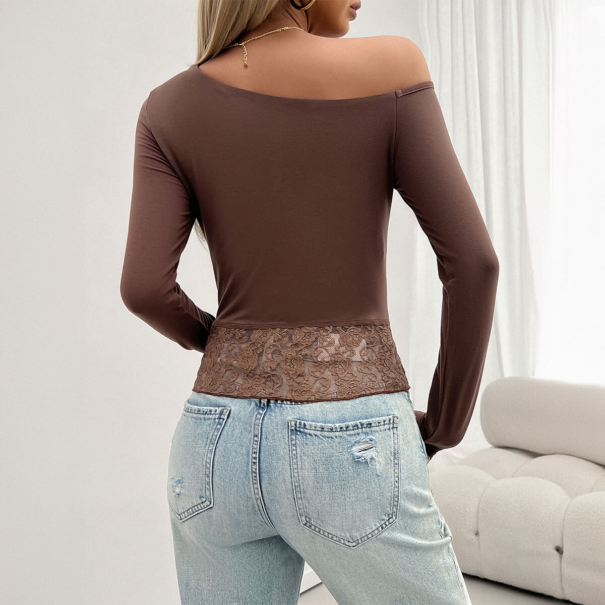 Off Shoulder Long Sleeve Lace Hem Fitting Shirt